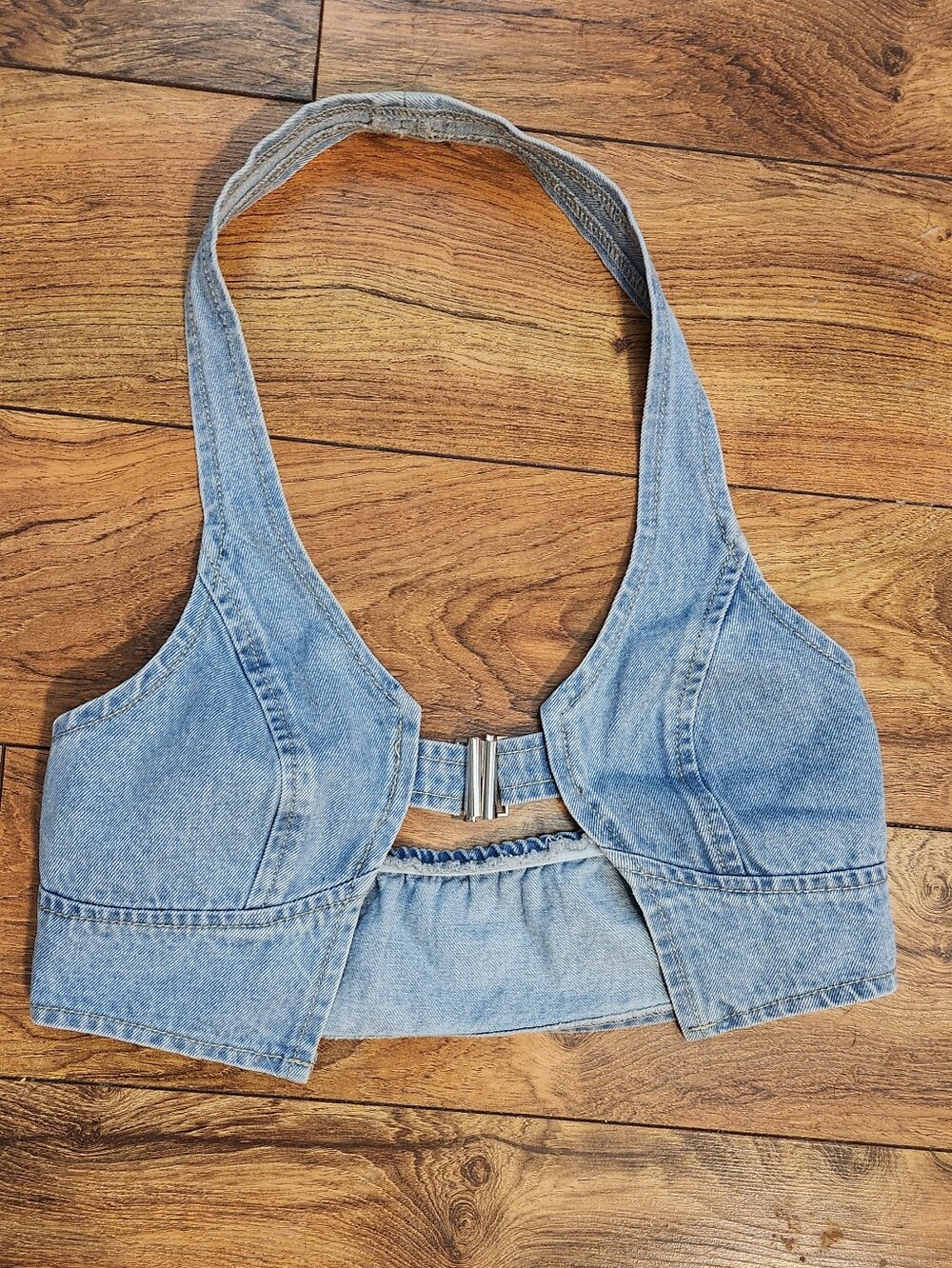 Denim Halter Crop Top - Light Blue, Size XS